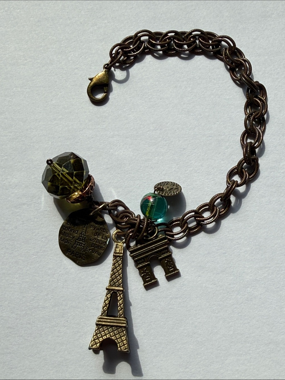Bronze Paris Eiffel Tower Charm Bracelet with Green and Olive Beads